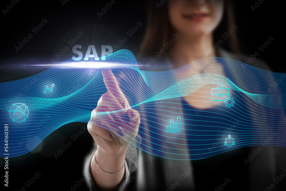 Business, Technology, Internet and network concept. Young businessman working on a virtual screen of the future and sees the inscription: SAP Business, Technology, Internet and network concept. Young businessman working on a virtual screen of the future and sees the inscription: SAP