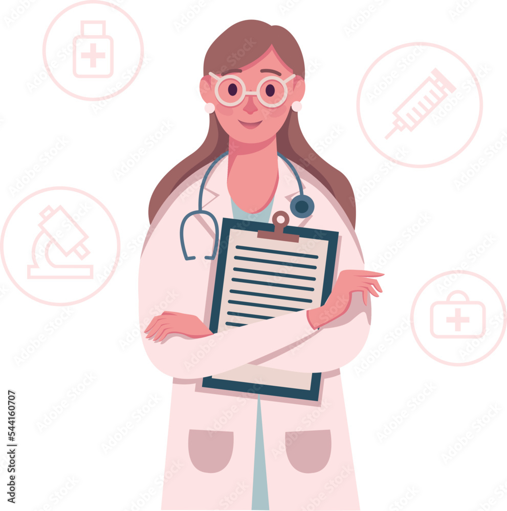 Doctor with statoscope holds outpatient card in her hands. Vector illustration Doctor with statoscope holds outpatient card in her hands. Vector illustration