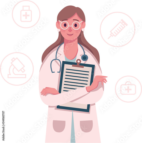 Doctor with statoscope holds outpatient card in her hands. Vector illustration