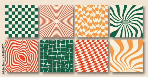 Vector set of Groovy Christmas social media backgrounds. Checkerboard, chessboard, mesh, waves patterns. Twisted and distorted vector texture in trendy retro psychedelic style. Y2k aesthetic.