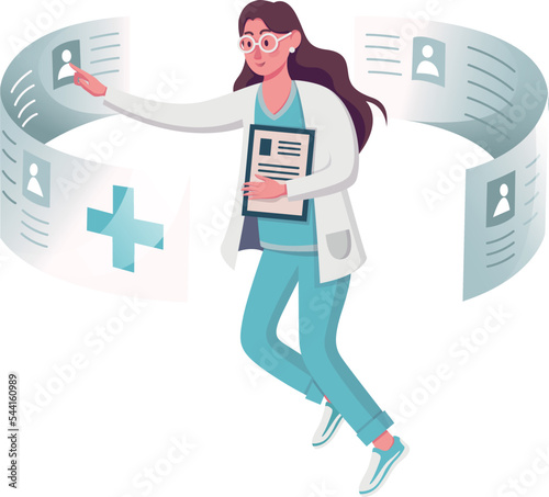 Receptionist nurse working on touch screen, Vector illustration, doctor character