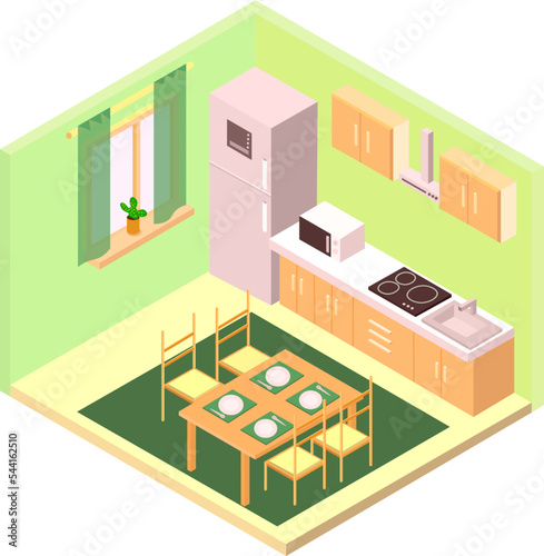 Simple bright kitchen interior in three-dimensional isometry. Vector illustration