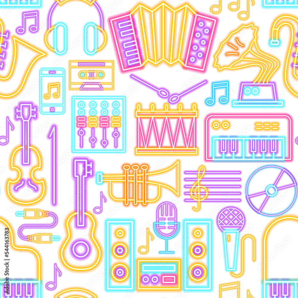 Music Neon Seamless Pattern. Illustration of Sound Promotion.