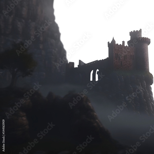 A fantasy castle on a mountain cliff top. Medieval fort. Isolated transparent background.