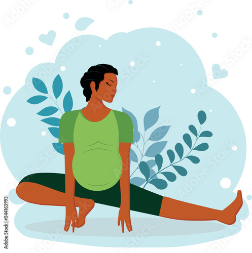 Black pregnant woman sitting on one leg in yoga pose