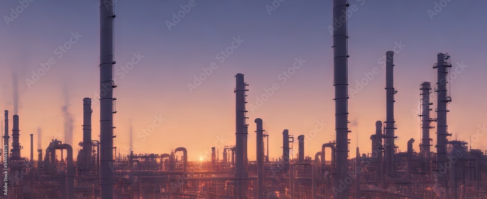 Large industrial gas pipelines in a modern refinery at sunrise 3d render. AI generated art illustration
