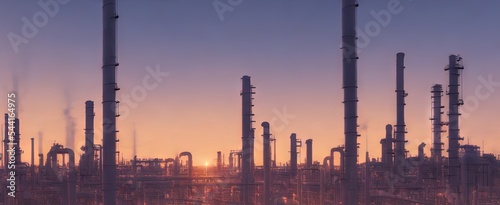 Obraz na płótnie Large industrial gas pipelines in a modern refinery at sunrise 3d render. AI generated art illustration w salonie