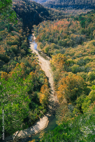 A scenic view of trees changing color and the Buffalo River in the Ozark Mountains