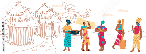 African family in front of village hut with thatched roof, flat vector illustration. Banner background of African ethnic traditional village with people.