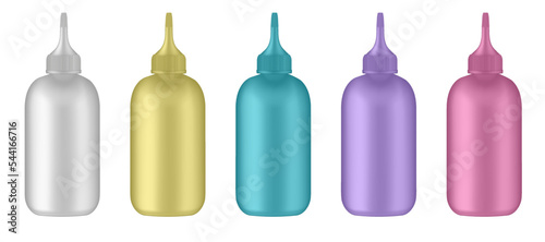 Set of squeeze bottles. Yellow, blue, pink, purple and white bottles. Dispensing cap. Colorful hair dye. E-juice vape liquid