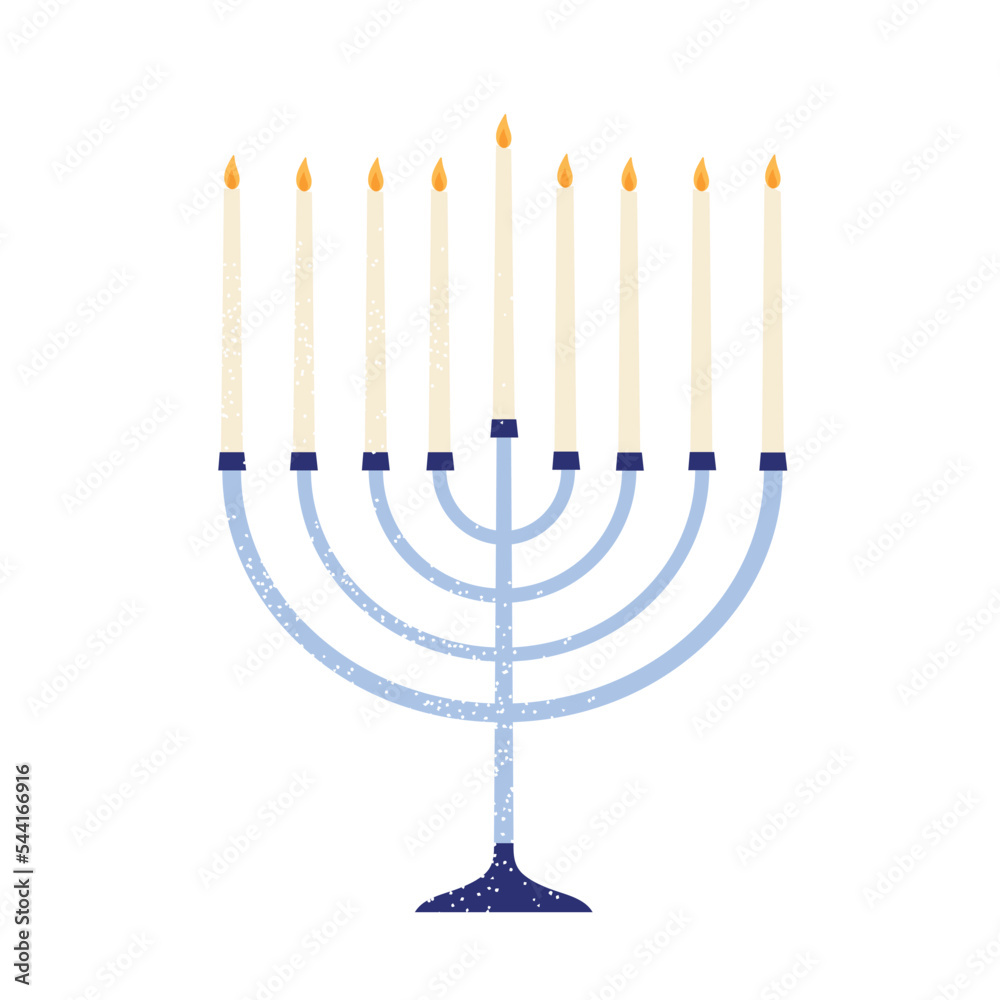 Jewish menorah with candles burning. Hanukkah ninesection candelabrum