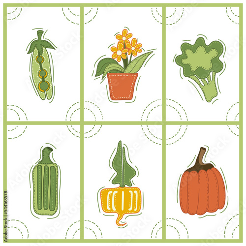 Collection of decorative abstract and doodle elements about: vegetables, peas, calendula, broccoli, zucchini, turnip, pumpkin. Vector illustration.