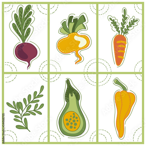 Collection of decorative abstract and doodle elements about: fruits and vegetables, beetroot, turnip, carrot, parsley, avocado, pepper. Vector illustration.