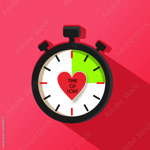 Watch love. The heart is in the center of the stopwatch. Pink background. Romance. Time of love.