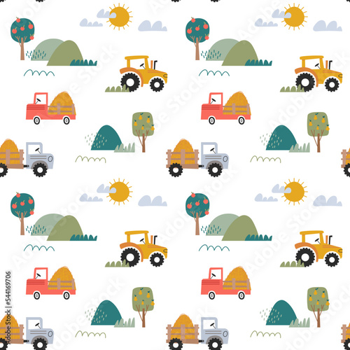 Seamless pattern of tractors and trucks in landscape on white background. A Day on the Farm. Hand-draw pattern in doodle style. For example the pattern for baby clothes or for wrapping paper.