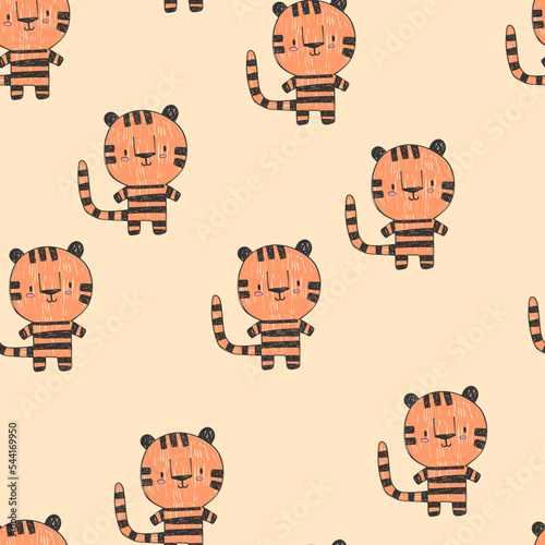 Seamless pattern of cute bright orange tigers in light orange background. Hand-draw pattern in vintage doodle style. For example the pattern for baby clothes or for wrapping paper.
