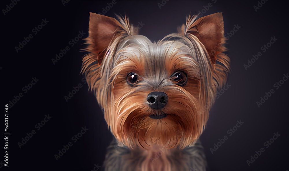 Adorable Yorkshire terrier on dark background, space for text. Cute dog. Digital art