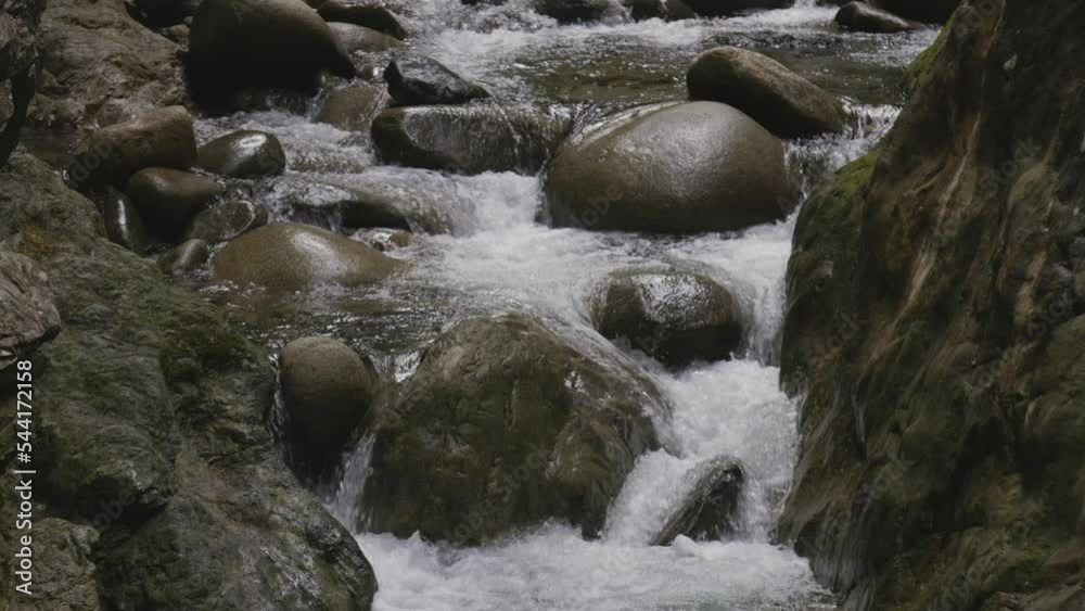 Fresh Water running down the water fall around rocks in Canadian Nature. Lynn Valley Canyons, North Vancouver, British Columbia, Canada. 4k Cinematic Slow Motion Fresh Water running down the water fall around rocks in Canadian Nature. Lynn Valley Canyons, North Vancouver, British Columbia, Canada. 4k Cinematic Slow Motion