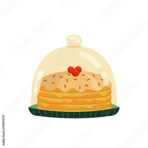 Cake in glass dome cover display plate simple vector icon. Showcase to store sweet pastry, baking accessory, serving tray, storage container. Flat design element illustration. Restaurant, bakery decor