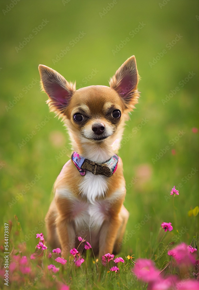cute little Chihuahua puppy sitting on a colorful meadow