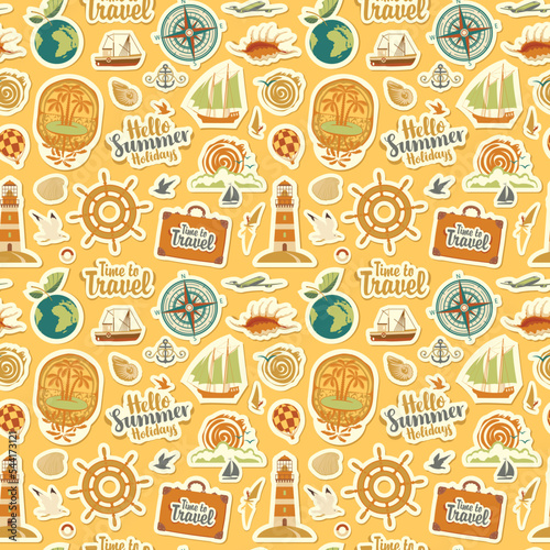 Seamless pattern on theme of travel and vacation. Repeating vector background with stickers or magnets. Set of sea summer icons on a blue backdrop in retro style