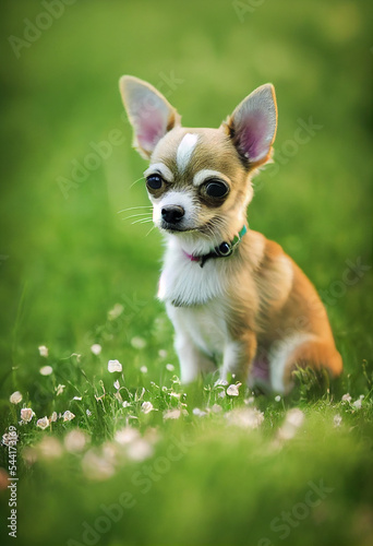 cute little Chihuahua puppy sitting on a colorful meadow © Paulina