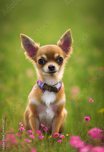 cute little Chihuahua puppy sitting on a colorful meadow
