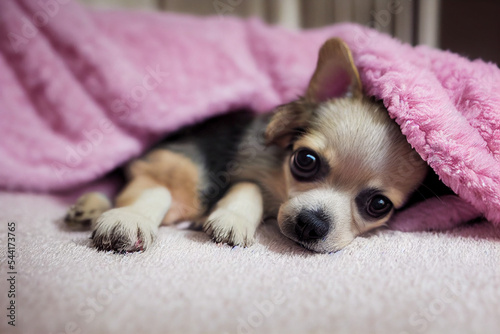 Cute Chihuahua puppy lying on a pink blanket © Paulina