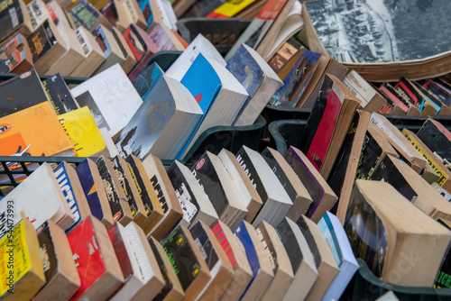 Arrangement of books to sell at the flea market photo