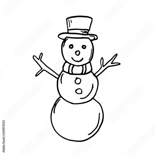  Cute snowman in hat and scarf. Concept New Year, Christmas, holidays, winter activities. Hand drawn vector illustration in doodle style outline drawing isolated on white background.