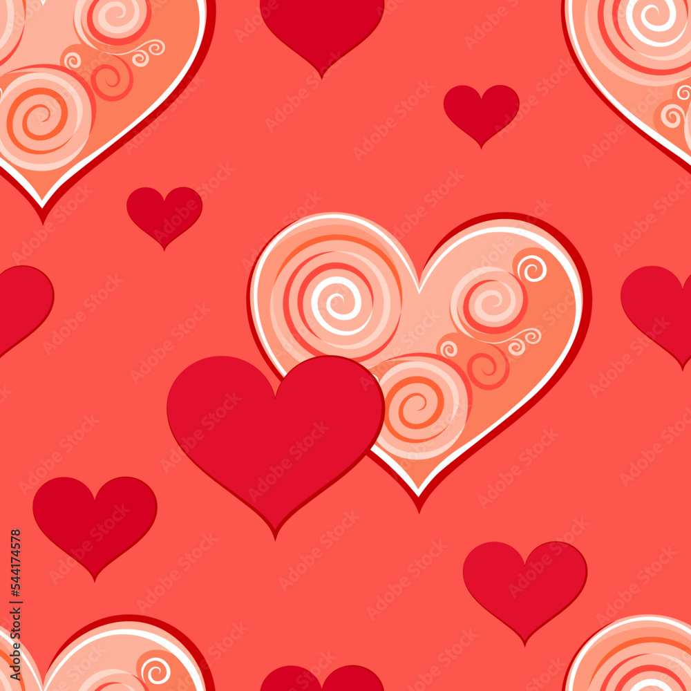 Love seamless pattern. Vector background with cute cartoon heart on red. 