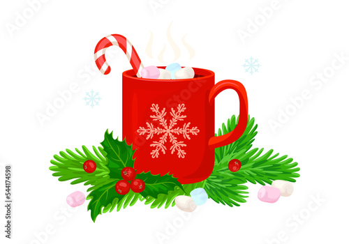 Hot chocolate  with marshmallows in red cup, candy cane, holly berry and fir branches. Christmas illustration. Cartoon flat style.
