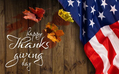 Happy Thanksgiving. USA American flag. Fall decor with autumn leaves. Banner design, panoramic image, text.