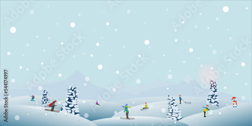 Winter sport scene, Christmas street event, festival and fair, with people, families make fun. Vector illustration
