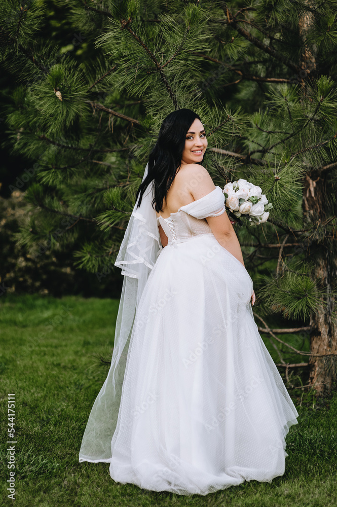 A beautiful, smiling, happy brunette bride in a white lace dress walks along the green grass in the park, garden. Wedding photography, portrait.