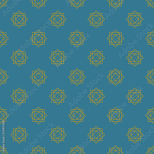 Seamless geometric pattern with golden ornament on blue background. Vector print for fabric background