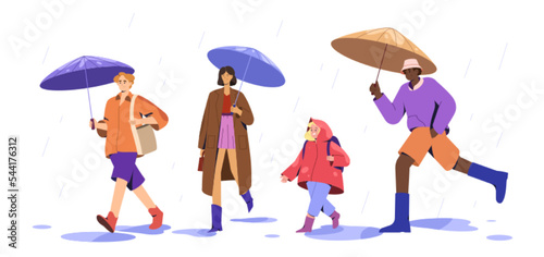 Flat set of multicultural people with umbrellas walking in puddles at rainy weather. Stylish young man, woman and happy child characters under stormy rain. Monsoon season with rainfall in city street.