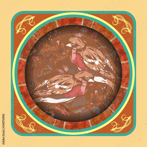 Sketch with two birds in an elegant vintage frame. Vector illustration