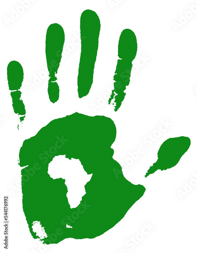 An isolated green hand print with the map of Africa
