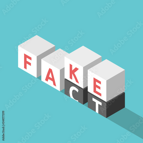 Fake replacing fact. Isometric cubes on turquoise blue. Mass media, false and true information and disinformation concept . Flat design. EPS 8 vector illustration, no transparency, no gradients