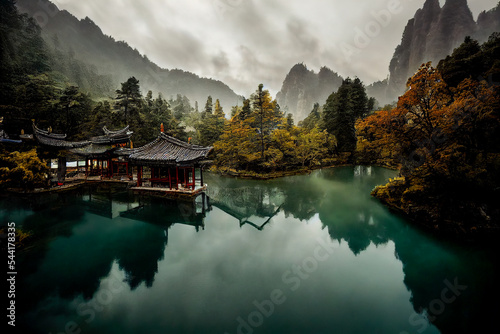 Lake and ancient Chinese house in the mountains. Mysterious mountain lake with turquoise water in the autumn day. Zen lake. Beautiful reflection of mountains and autumn foliage 