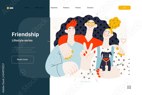 Lifestyle website template - Friendship - modern flat vector illustration of a happy young man and women embracing and posing together. People activities concept