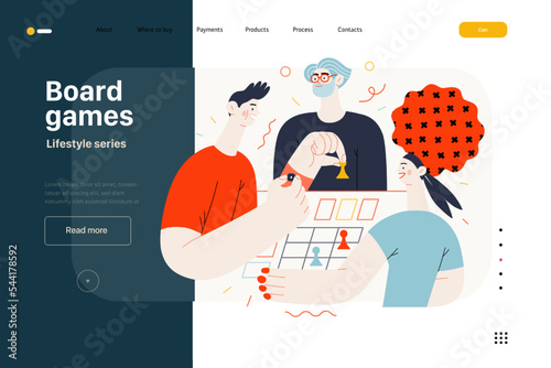 Lifestyle website template - Board games - modern flat vector illustration of people playing a board card game with a dice. People activities concept