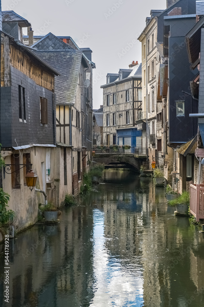 Pont-Audemer, beautiful city in Normandy, typical half-timbered houses on the river
