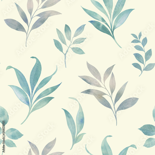 Green leaves seamless pattern with abstract watercolor for wallpaper, wrapping paper, print, design.