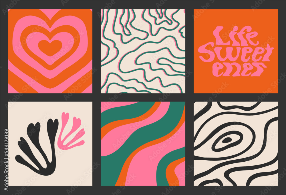 Retro graphic, boho style hippie design illustration set. Psychedelic floating texture, heart, text. Poster or sticker, cute vintage typographic font vector.