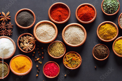 tiny bowls with indian colorful spices and anise stars lie on a dark table, generative AI