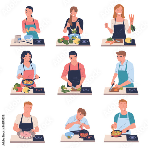 People Characters Cooking at Home Wearing Apron Standing at Table Vector Set