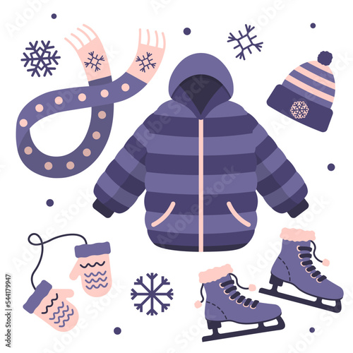 Collection Of Winter Clothes For Ice Skating In Purple Colors Vector Illustration In Flat Style