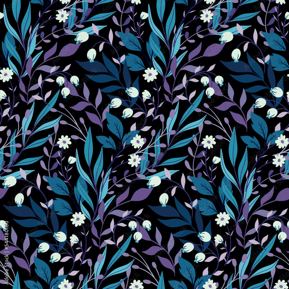 Seamless floral pattern, ornate ditsy print with fantasy winter garden on dark background. Pretty flower design with hand drawn wild plants: small flowers, twigs, herbs, leaves. Vector illustration.